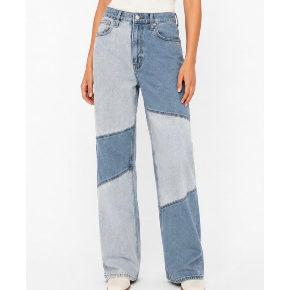 Hollister Ultra High Rise Dad Jeans Patchwork Colorblock Blue Denim 0R W24 L31